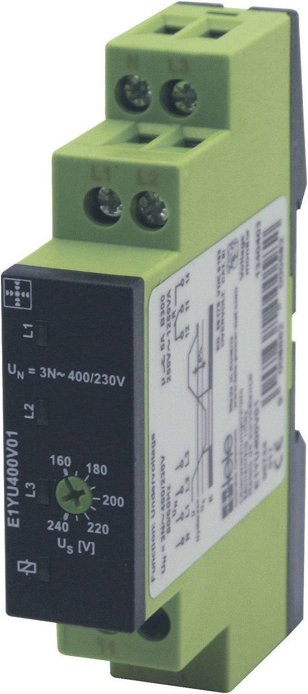 Zelený priemyselný komponent na monitorovanie napätia. Zobrazuje elektrické parametre a prípojné body pre inštaláciu a použitie.