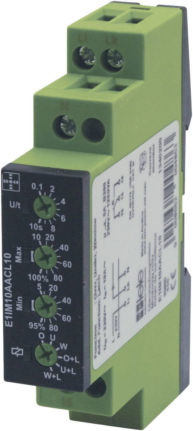 Zelený elektrický reléový modul s viacerými konektormi a popiskami na prednej strane, vrátane prevádzkového rozsahu a údajov výrobcu.