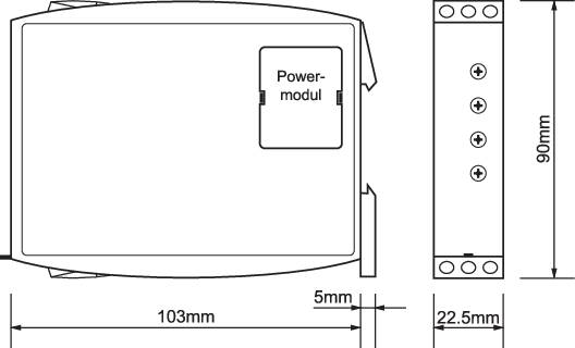Technický výkres napájacieho modulu s rozmermi: 103 mm dĺžka, 90 mm výška, 22,5 mm šírka. Znázornené rôzne pohľady.