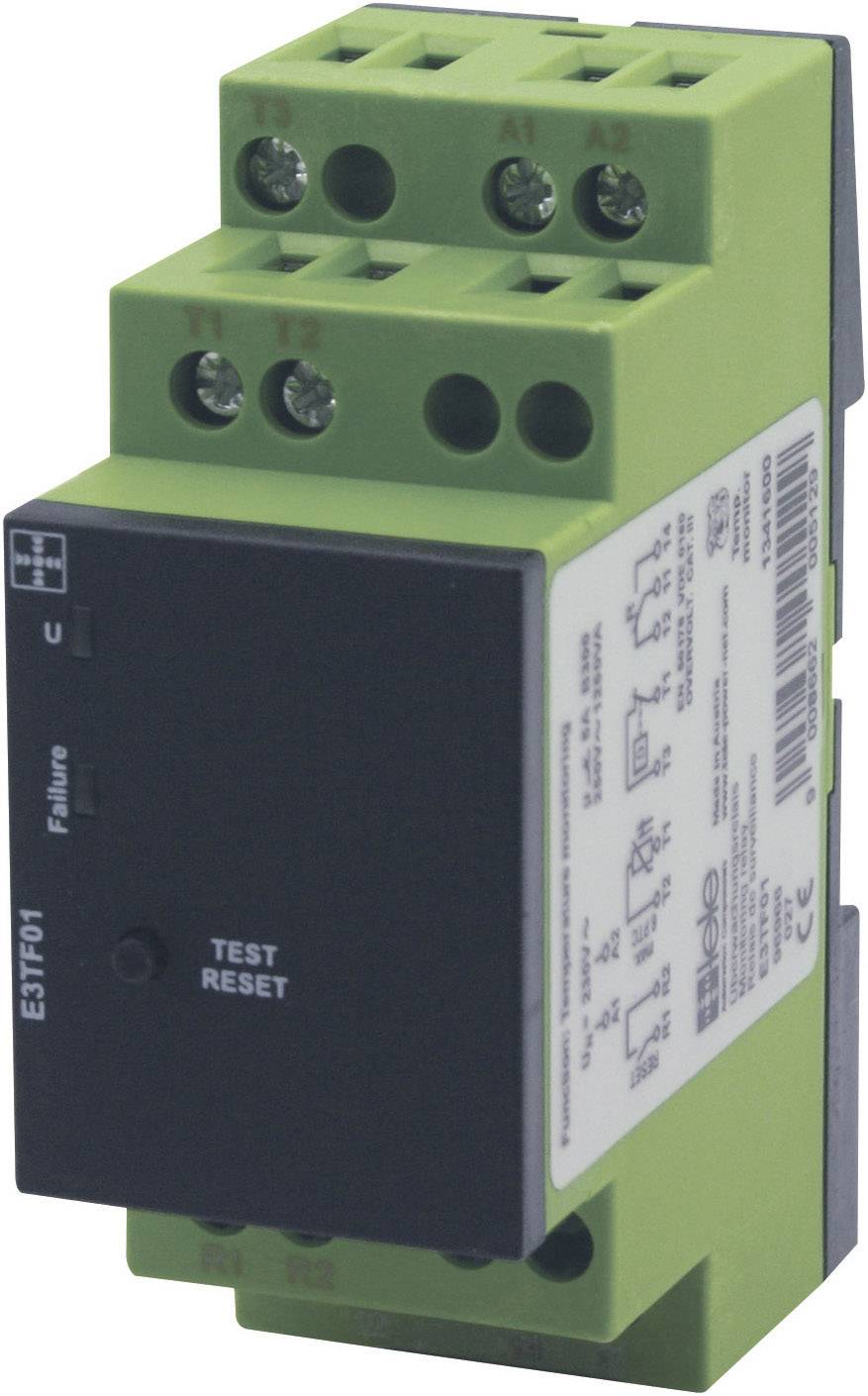 Zelený elektrický relé modul s viacerými konektormi a nápismi. Na prednej strane zobrazuje nápisy 'TEST' a 'RESET'.