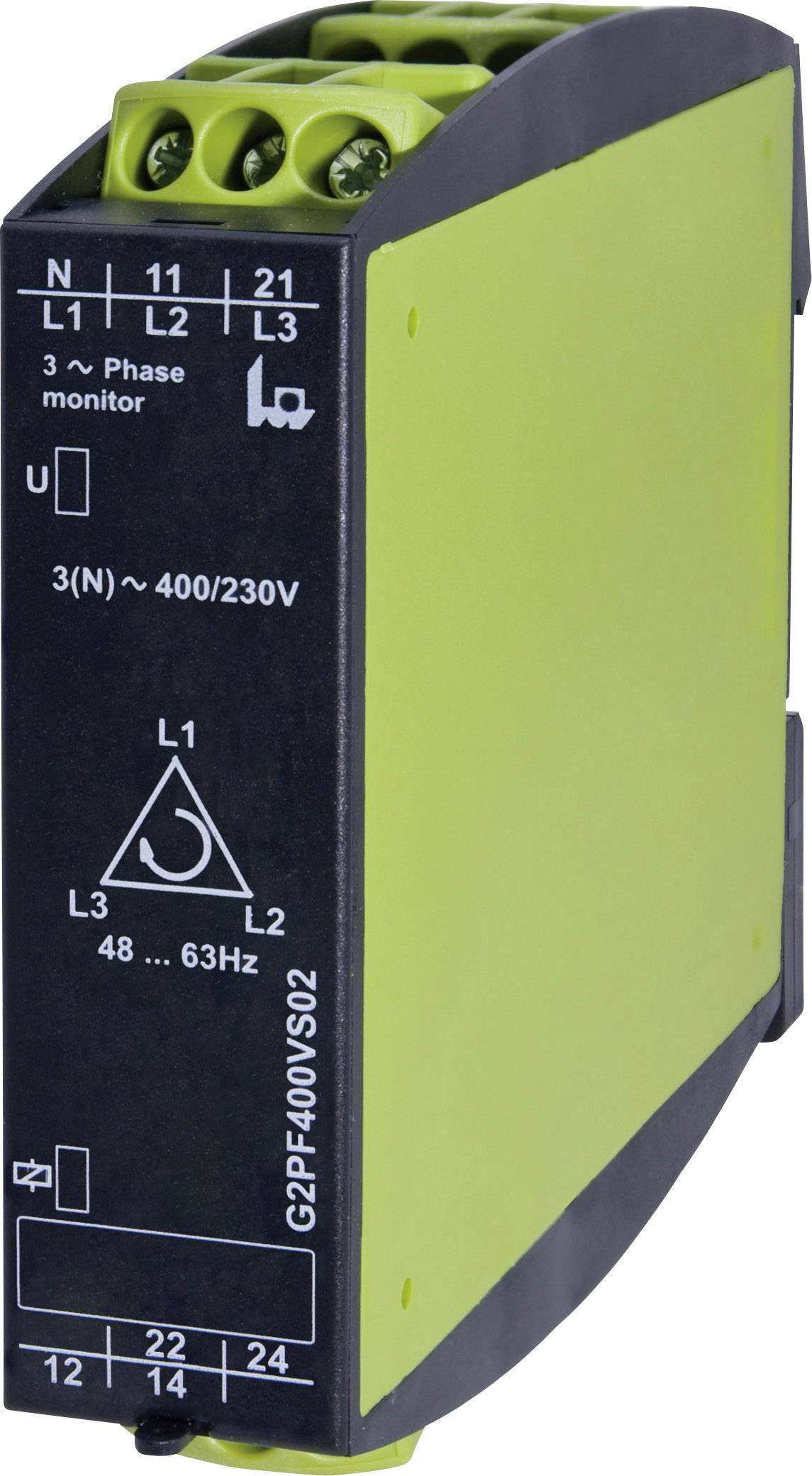 Jednofázové alebo trojfázové zariadenie na monitorovanie napätia, model G2PF-400VS02, vhodné pre 3(N)~ 400/230V, frekvencia 48...63Hz.
