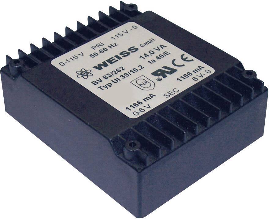 Čierny transformátor s údajmi: 'WEISS GmbH, 115 V, 50/60 Hz, 14,0 VA, označenie CE'.