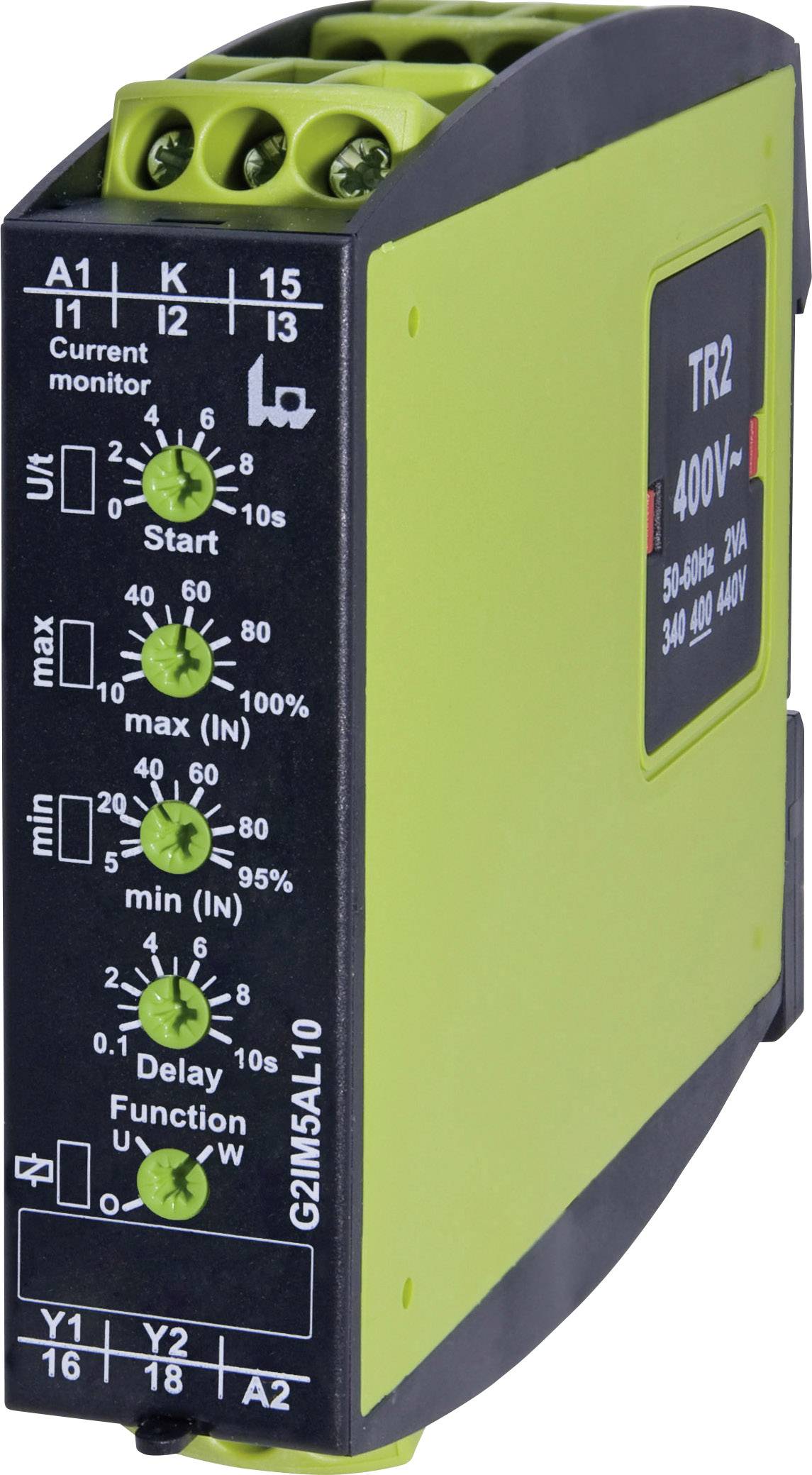 'Elektronické časové relé TR2, 400V, so zelenými nastavovacími gombíkmi pre štart, max, min, oneskorenie. Funkcia a napätie uvedené na štítku.'