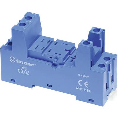 Modrý päticový relé sokel s nápisom 'finder, TYPE 96.02, 12A 250V, Made in EU'.