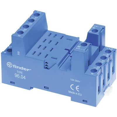 Modrý elektrický relé so štítkami 'finder TYPE 96.04' a '12A 250V'. Zobrazuje prípojky a je vyrobený v EÚ.