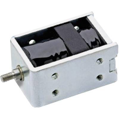 Obdĺžnikový elektromagnet s kovovým krytom a vyčnievajúcim skrutkovým čapom. Má niekoľko upevňovacích otvorov.