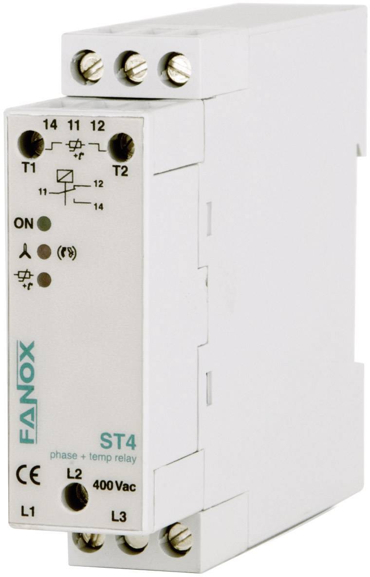 Elektrické relé ST4 od Fanoxu, zobrazujúce svorky a symboly pre ochranu fáz a teploty, vhodné pre 400V AC.
