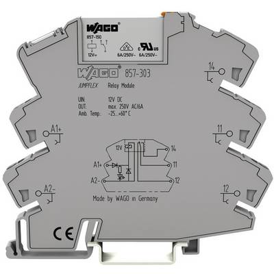 Relé modul od WAGO, model 857-303, 12V DC, max. 250V AC/6A, vhodný pre teploty -25 až 60°C, 'Vyrobené spoločnosťou WAGO v Nemecku'.
