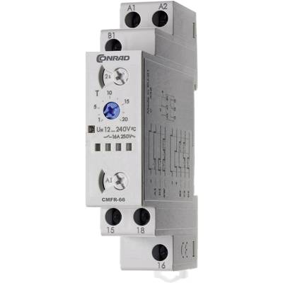 Digitálne časové relé od Conradu, sivé, s modrým nastavením času, napätie 12-240V AC, 16A, s pripojovaciumi svorkami a schémou zapojenia.