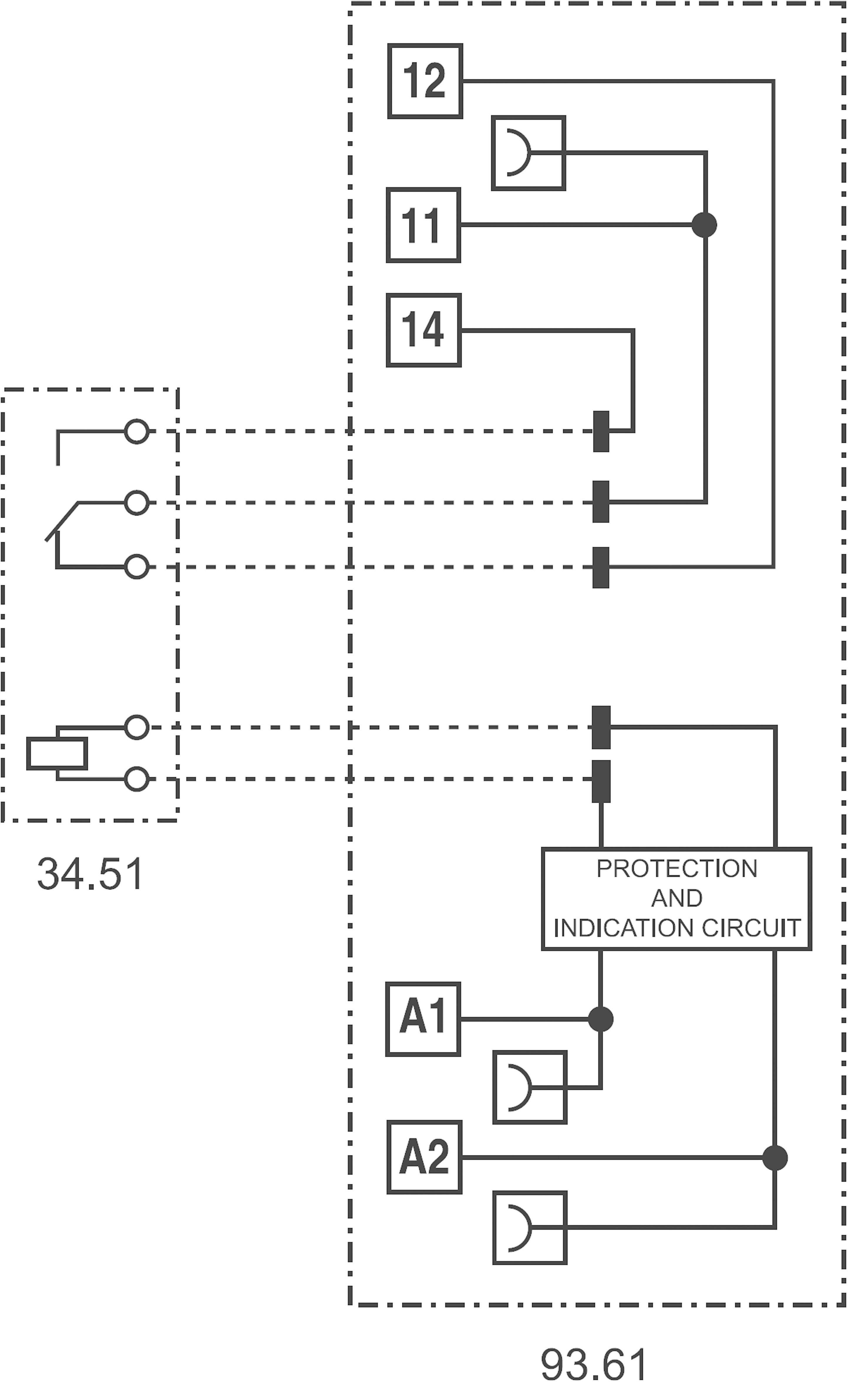 Schéma elektrického obvodu ochranného a signalizačného obvodu s pripojovaciemu bodmi 34.51, 93.61 a komponentmi 12, 11, 14, A1, A2.