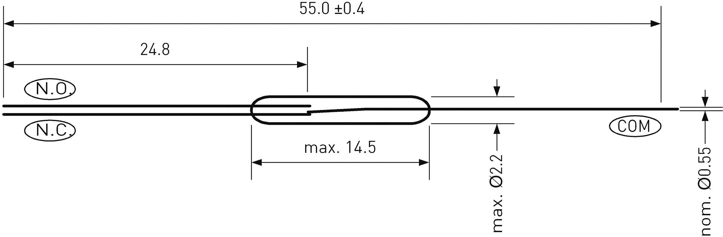 Diagram elektrického spínača s rozmermi a prípojkami: dĺžka 55 ±0,4 mm, šírka 24,8 mm, maximálna hrúbka 14,5 mm, maximálny priemer drôtu Ø2,2 mm. Označené sú 'N.O.', 'N.C.', 'COM'.