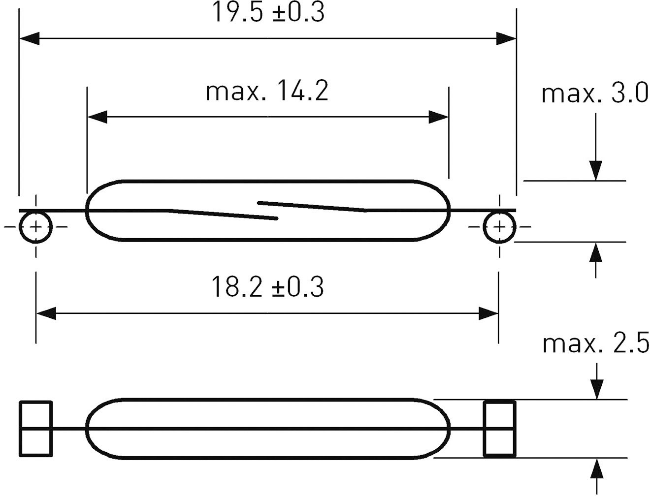 'Technický výkres valcovitej súčiastky s rozmermi: dĺžka 19,5±0,3 mm, šírka max. 14,2 mm, výška max. 3 mm a max. 2,5 mm.'