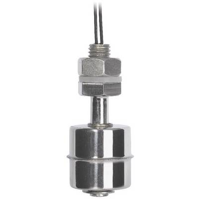 Vertikálne namontovaný chrómovaný magnetický plavákový snímač so závitom na meranie hladiny, s elektrickým pripojením smerujúcim nahor.