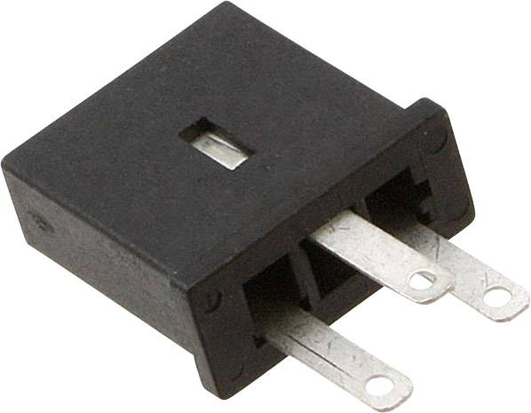 Čierne, obdĺžnikové elektrické relé s dvoma kovovými kontaktmi, pohľad z boku.