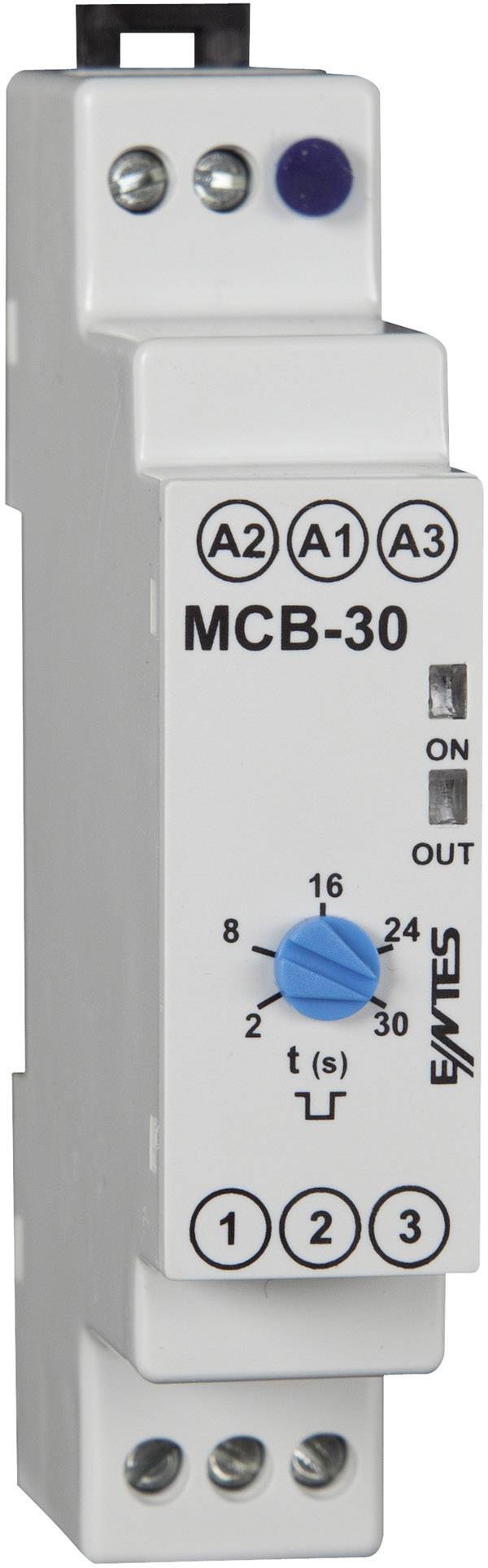 Biele elektrické zariadenie s nápisom 'MCB-30', modrý nastavovací gombík na oneskorenie, polohami spínača 'ZAP' a 'VYP'.