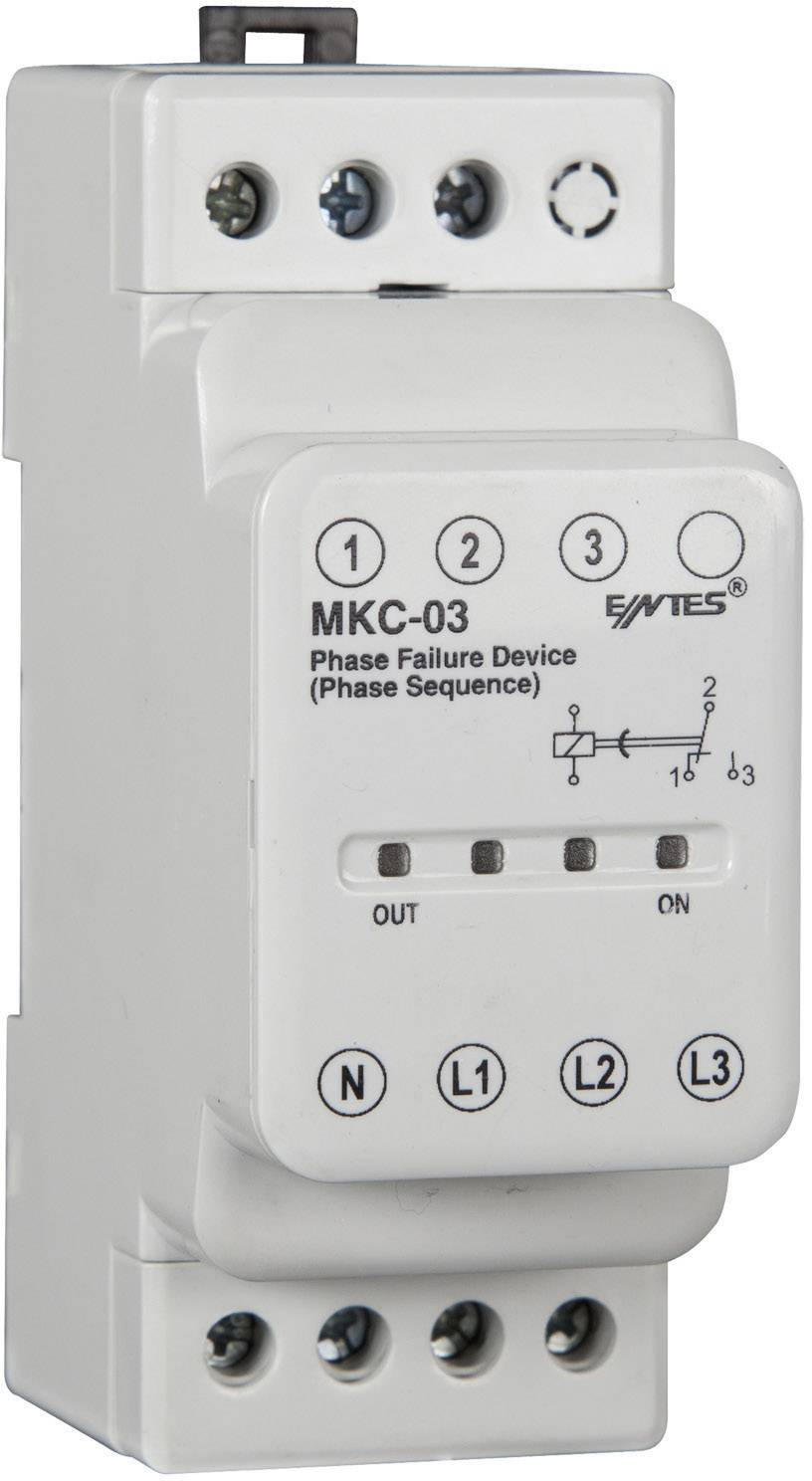 Biele zariadenie na detekciu výpadku fázy MKC-03 so svorkami, LED indikátormi a elektrickým schémou pre monitorovanie poradia fáz v elektrických inštaláciách.