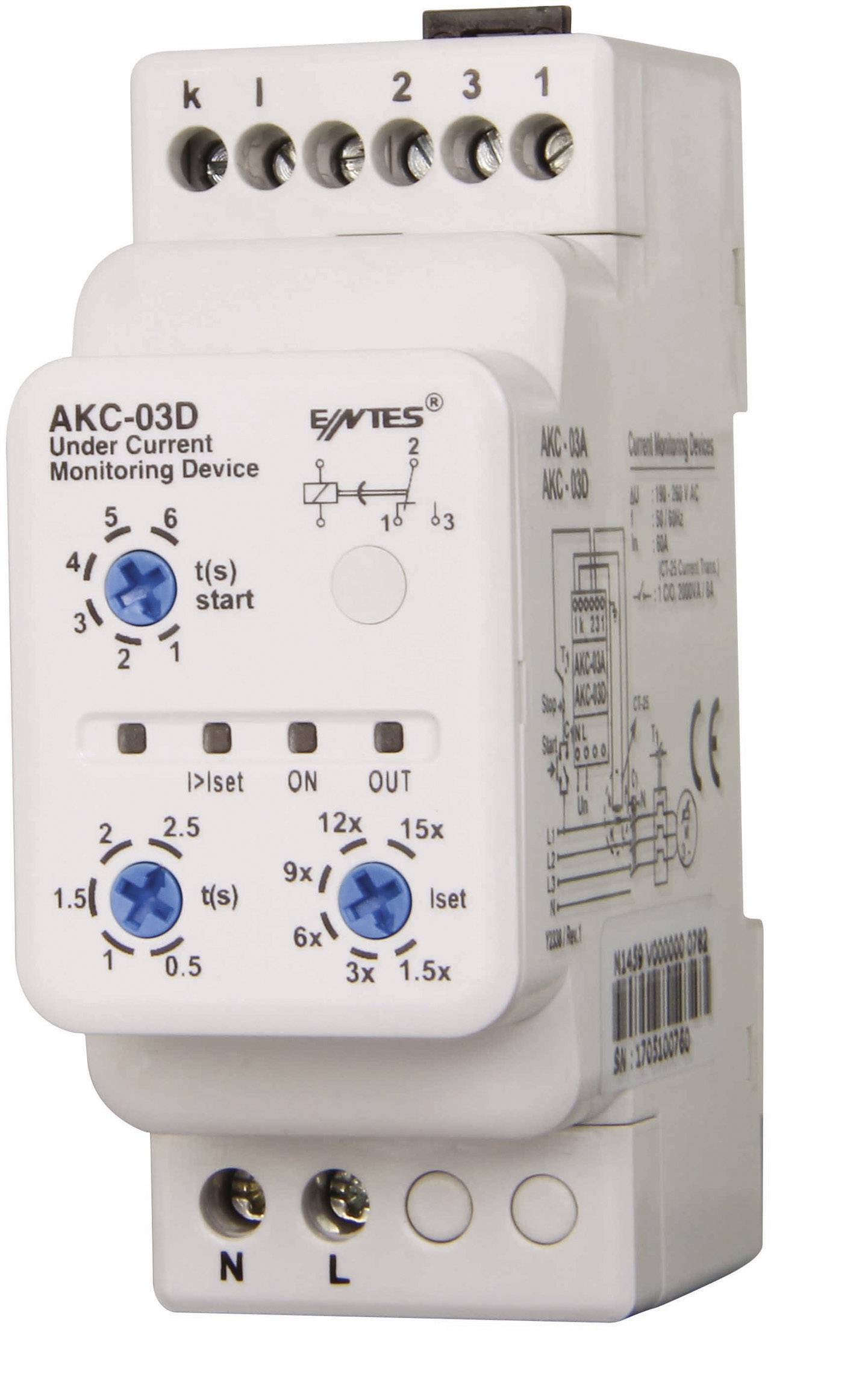 Zariadenie na monitorovanie elektrického prúdu, model AKC-03D, zobrazuje nastavenia a pripojenia na sledovanie elektrického prúdu pomocou otočných ovládačov a pripojovacích bodov.