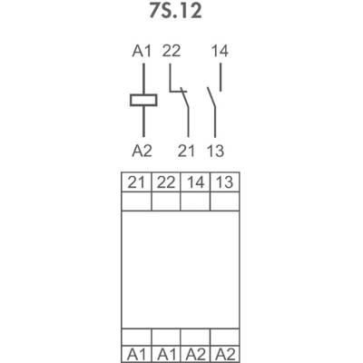 Spínací symbol relé s označeniami svoriek A1, A2, 21, 22, 14, 13. Tabuľka nižšie znázorňuje rovnaké usporiadanie svoriek.