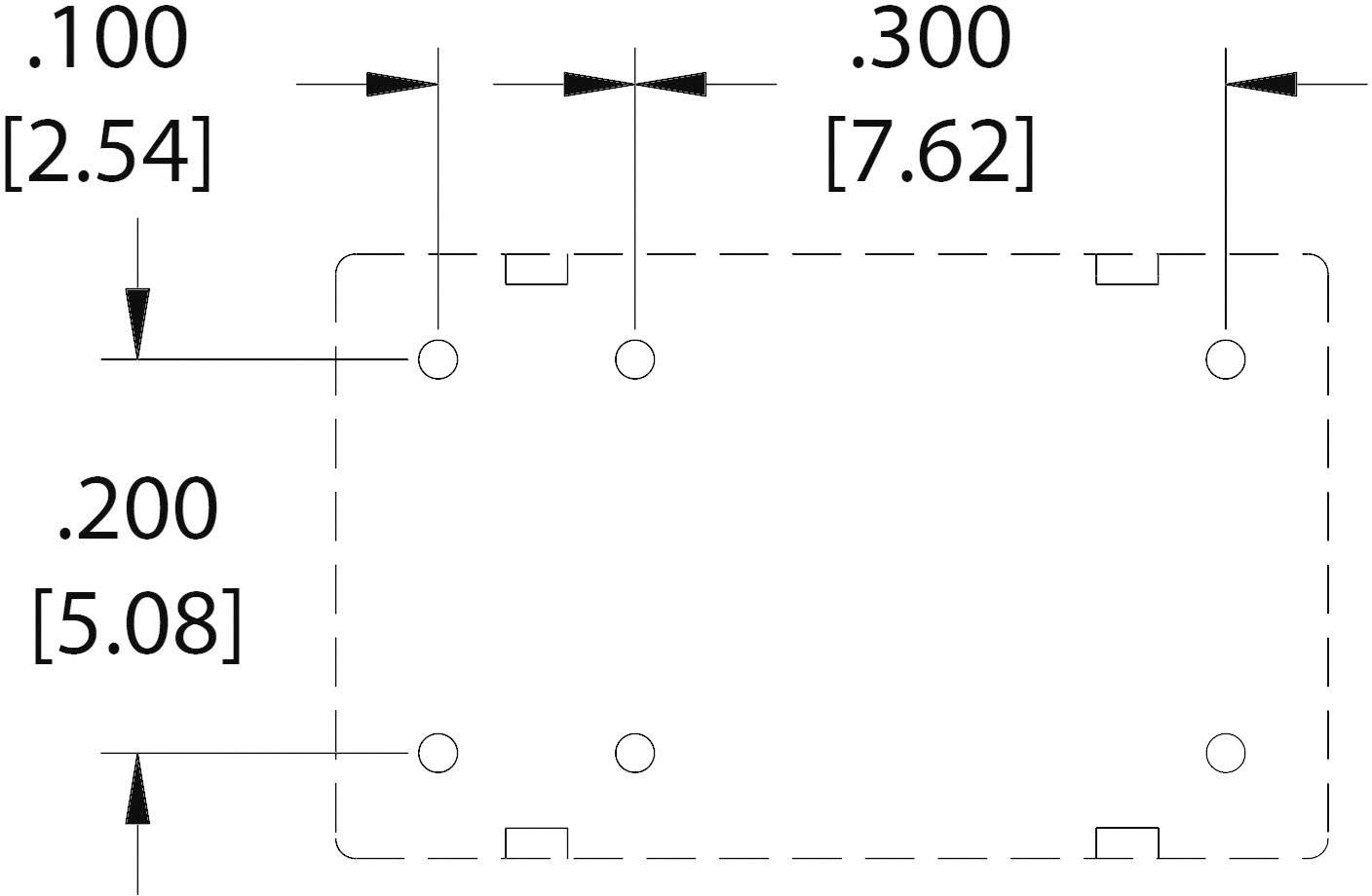 Náčrt obdĺžnikového objektu s rozstupmi otvorov: 0,100 palca (2,54 mm) horizontálne, 0,200 palca (5,08 mm) vertikálne, 0,300 palca (7,62 mm).