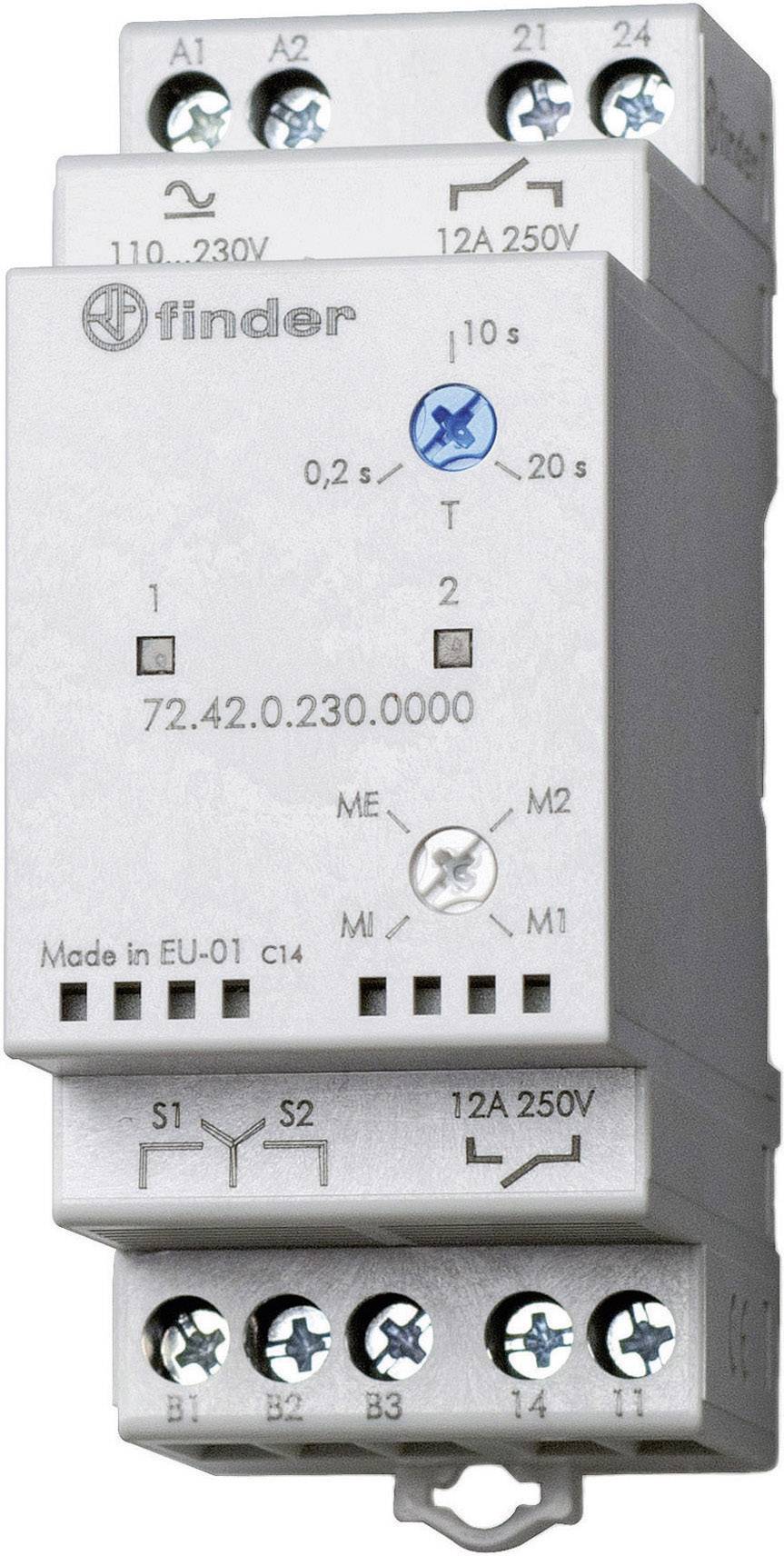 Sériové časové relé Finder so skrutkovými svorkami a nastaviteľným časovým intervalom. Číslo modelu '72.42.0.230.0000'. Napätie 110-230V.
