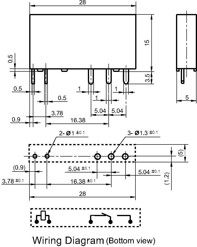 Schéma zapojenia (pohľad zdola) elektronickej súčiastky, zobrazujúce polohu a rozmery pinov, technický výkres s rozmermi.