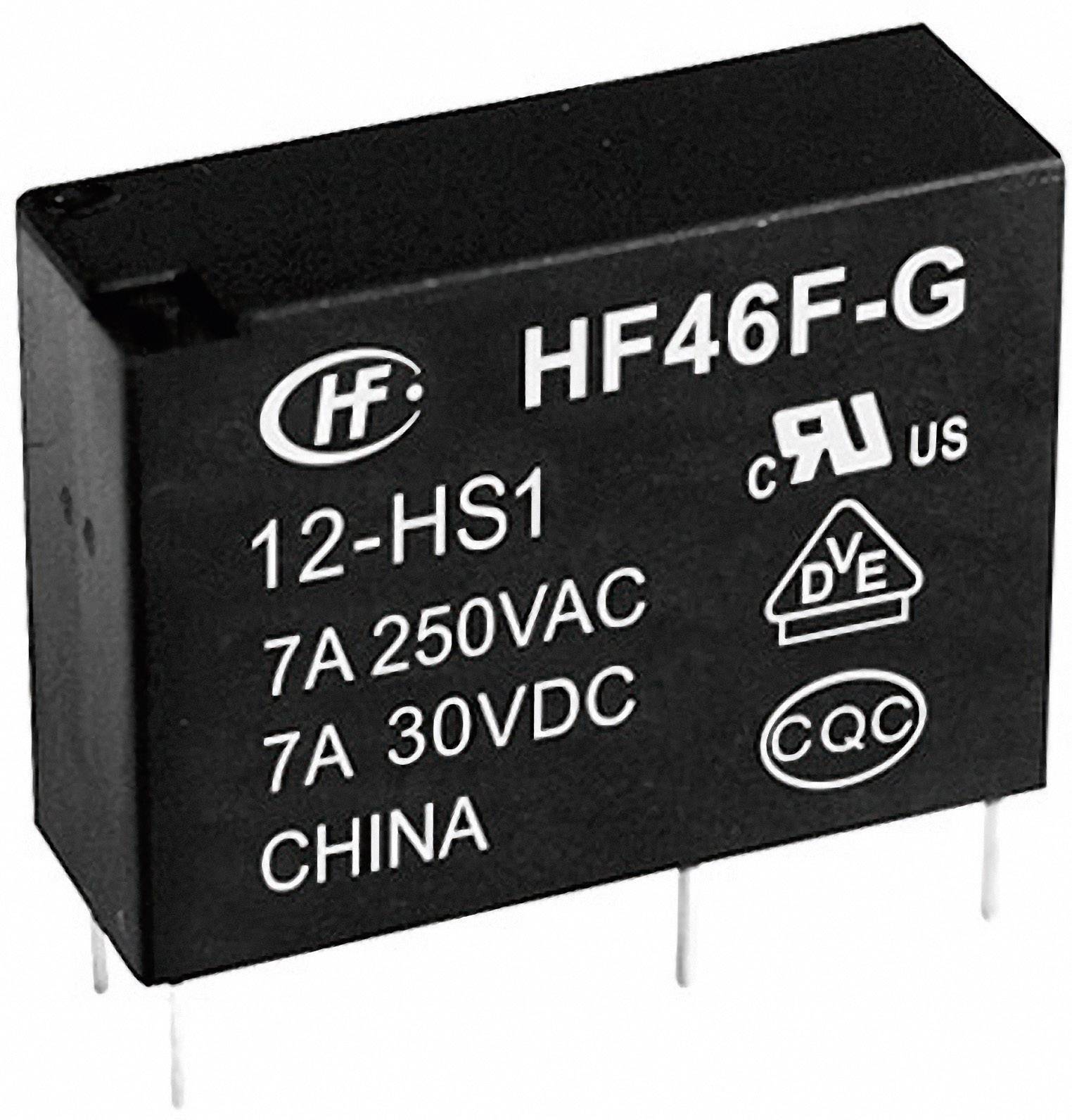 'Elektrické relé HF46F-G 12-HS1, 7A 250VAC, 7A 30VDC, vyrobené v Číne, s certifikátmi CQC, CE, UL.'