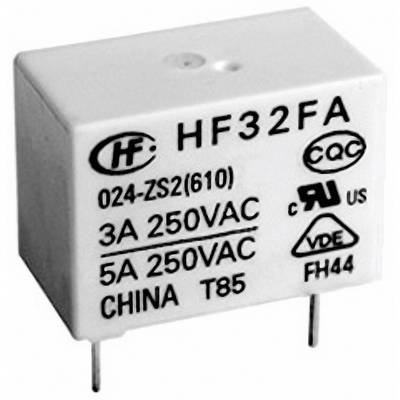 Reléový modul s nápismi: 'HF32FA', '024-ZS2(610)', '3A 250VAC', '5A 250VAC', 'CHINA T85', 'CQC', certifikačné logá.