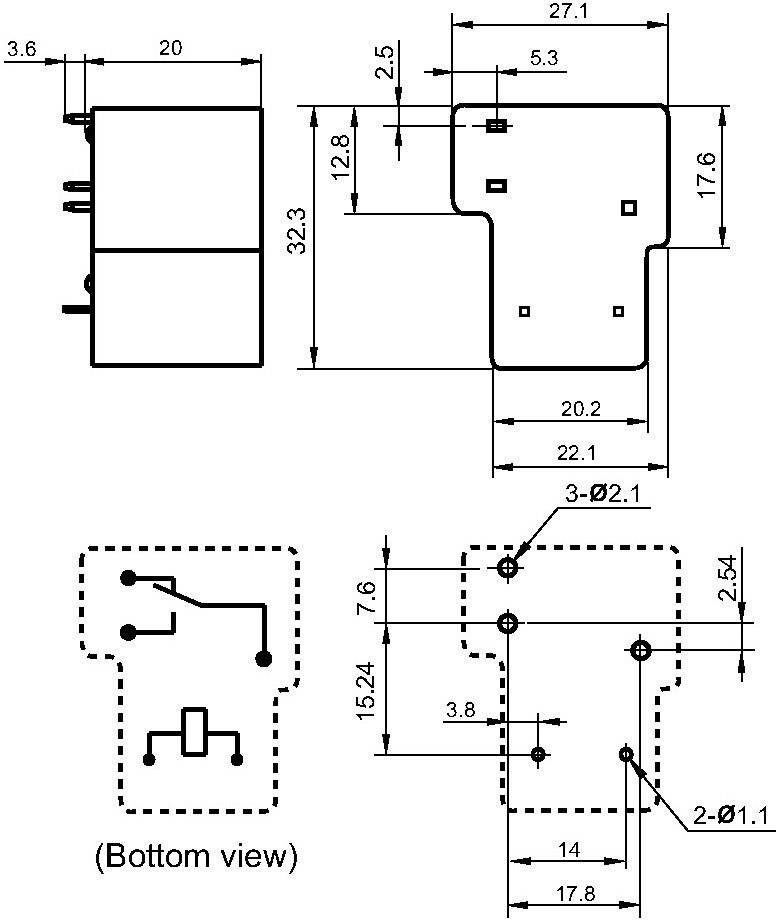 Technický výkres elektrického konektora s rozmermi v milimetroch a pohľadom zhora a zdola.