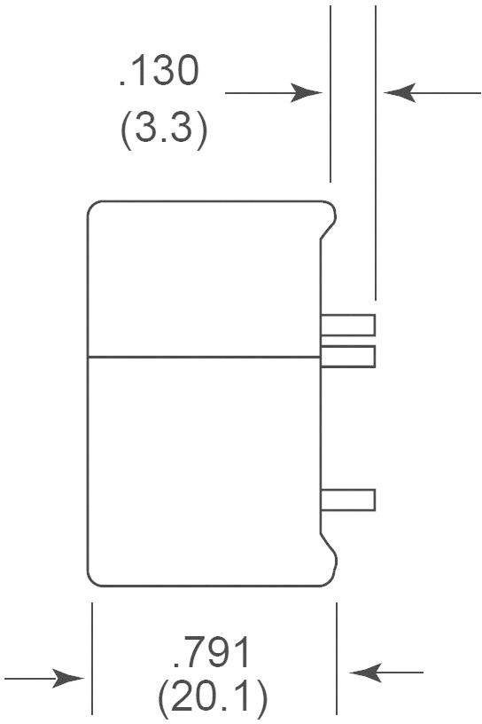 Technický výkres elektrického komponentu: šírka 0,791 palca (20,1 mm), vzdialenosť od okraja 0,130 palca (3,3 mm).