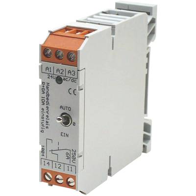 Priemyselné spínacie relé, sivé, s oranžovým krytom a automatickým/manuálnym prepínačom; 24V AC/DC a 250V napäťové údaje.