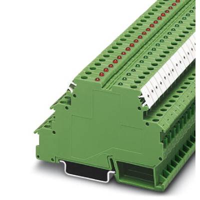 Zelený, modulárny elektrický svorkovnicový blok s viacerými zásuvnými miestami, červenými a zelenými značkami pre pripojenia.