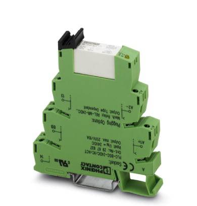 Zelený elektronický modul od Phoenix Contact pre montáž na DIN lištu, s označením elektrických a mechanických špecifikácií.