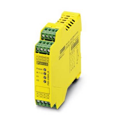 Žlté bezpečnostné relé od Phoenix Contact, model PSR-SCP-24DC/ESD/5X1/1X2, s viacerými zelenými konektormi a modrou LED indikáciou.