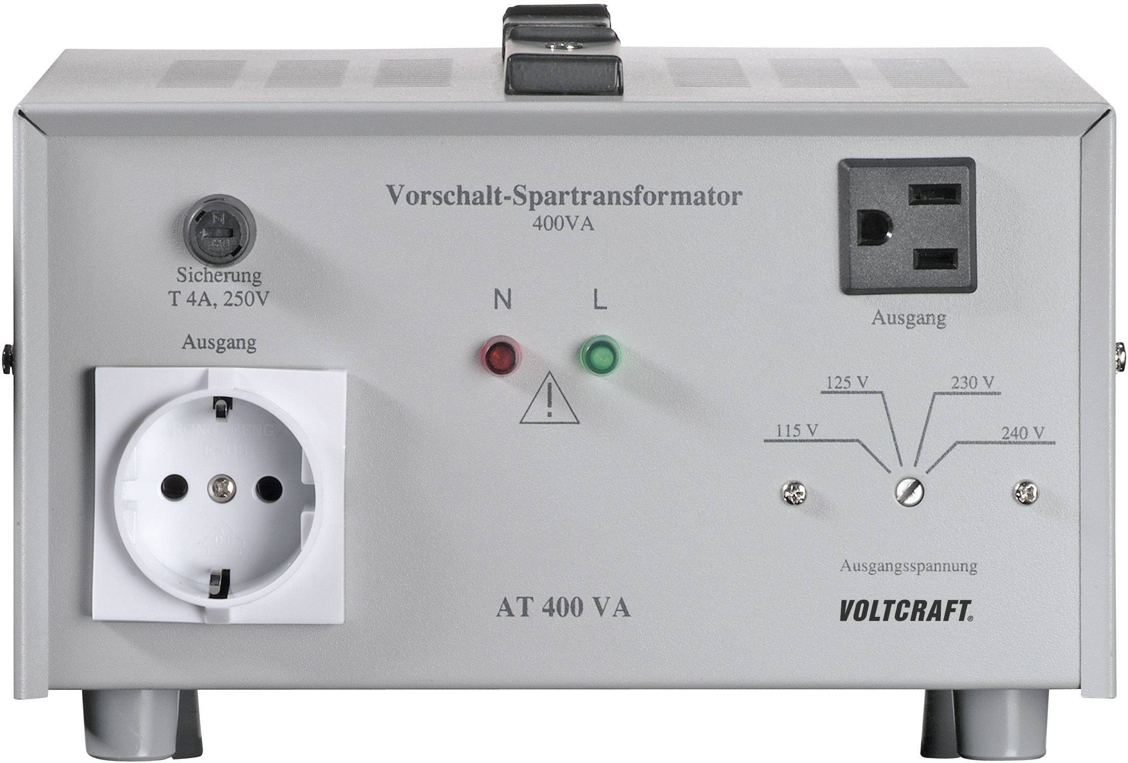 Predradný napäťový transformátor so zásuvkami a kontrolkami pre napäťový výstup 115V, 230V alebo 240V. Značka: Voltcraft.