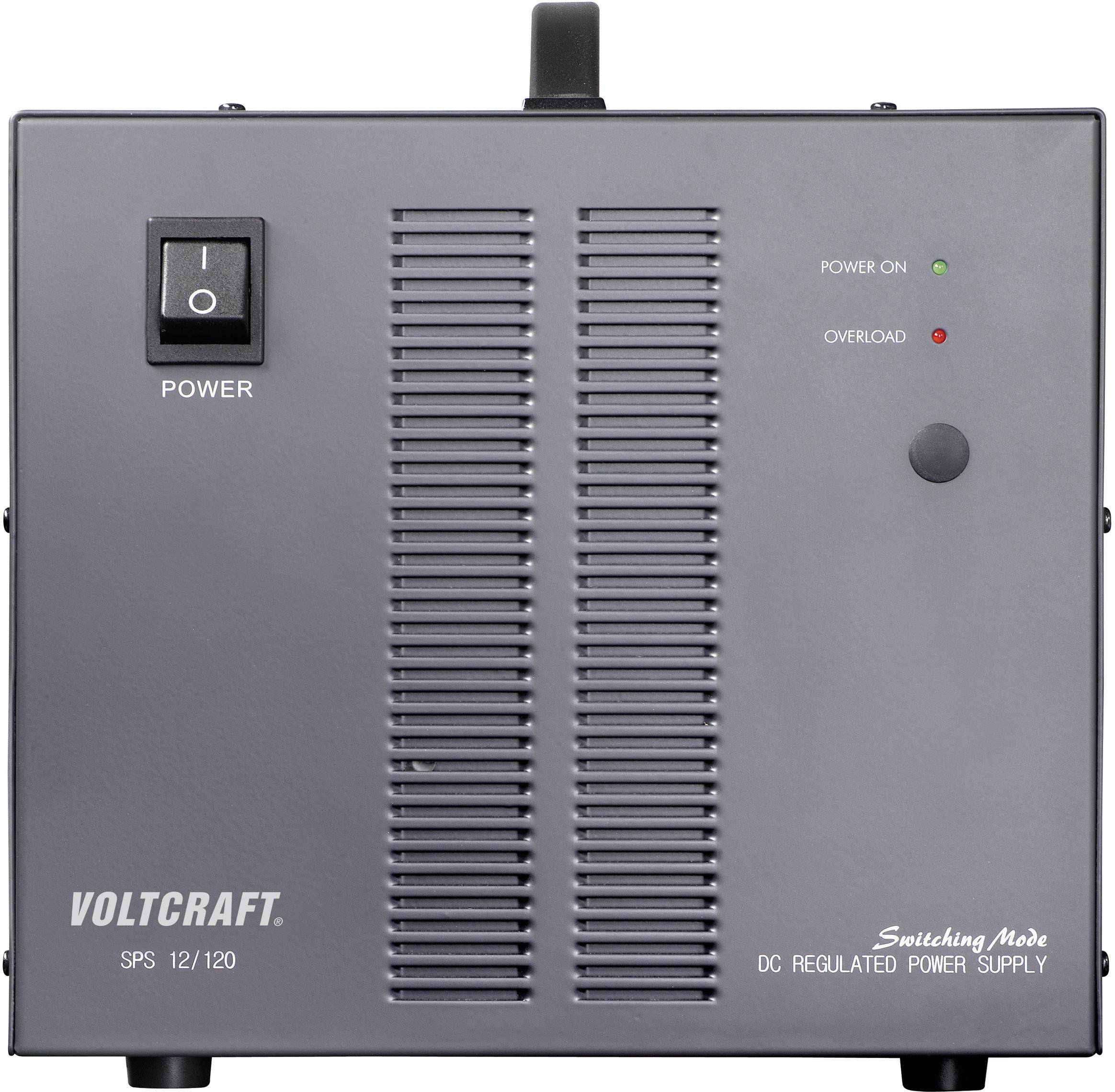 Napájací zdroj Voltcraft SPS 12/120 so spínačom, dvoma LED indikátormi pre prevádzkový stav a preťaženie. Obdĺžnikový, sivý dizajn.