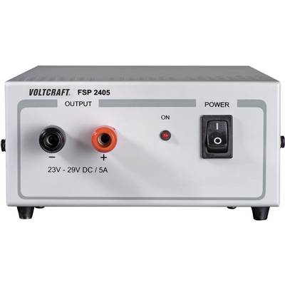 Sieťový zdroj od Voltcraftu, model FSP 2405, zobrazuje výstupy pre 23V až 29V DC/5A. Vypínač zapnutia/vypnutia je na pravej strane.