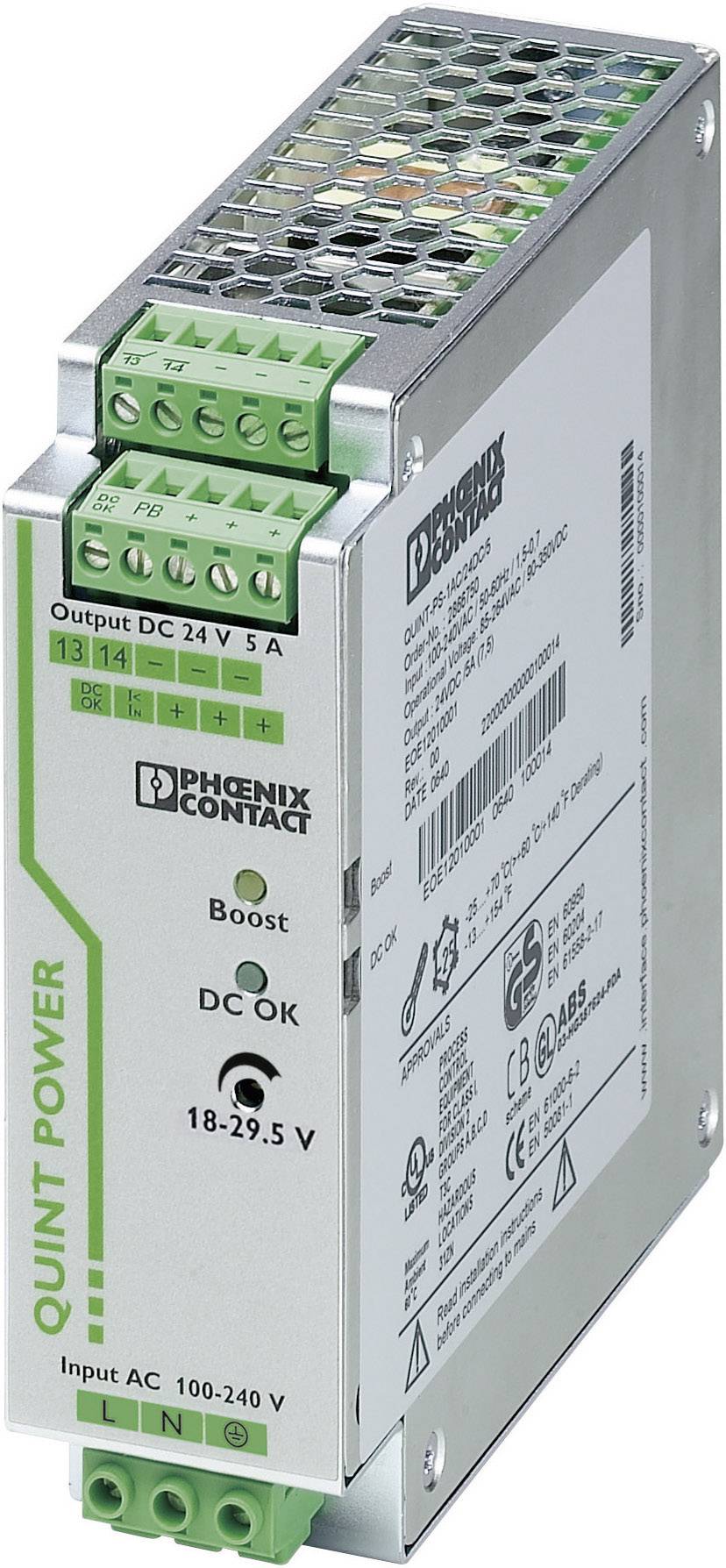 Sieťový zdroj od Phoenix Contact s označením 'QUINT POWER'. Poskytuje výstup DC 24V a 5A.