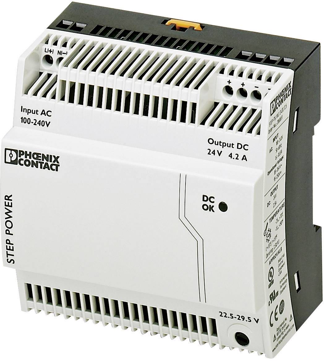 Napájací zdroj od Phoenix Contact, model STEP POWER, vstup AC 100-240V, výstup DC 24V 4,2A, so stavovou signalizáciou "DC OK".