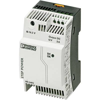 Sieťový zdroj od Phoenix Contact s označením 'Step Power', vstupné napätie 100-240V, výstup DC 12V, 3A.