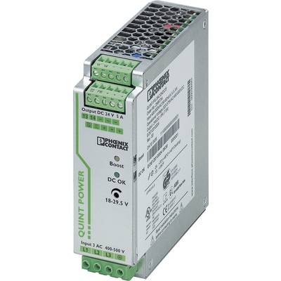 Obrázok zobrazuje napájací zdroj od spoločnosti Phoenix Contact s nápisom 'Quint Power', so vstupom 3 AC 400-500 V a výstupom DC 24 V 5 A.