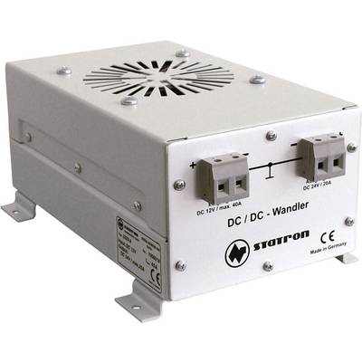 Biely DC/DC menič od firmy Statron s prípojkami pre 12V a 24V, vhodný pre max. 40A. Kryt s vetracími štrbinami. Vyrobené v Nemecku.