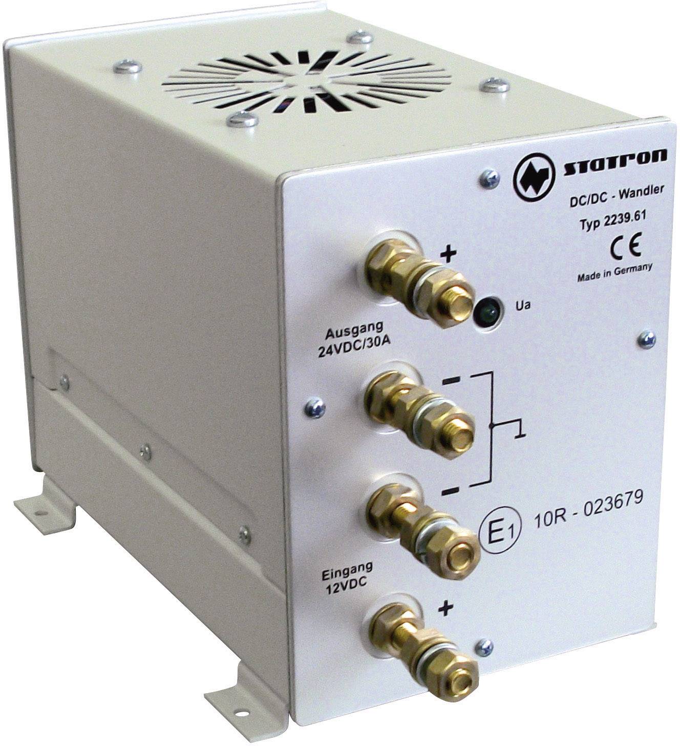 DC/DC menič napätia, typ 2239.61, s vstupmi a výstupmi. Vstup 12VDC, výstup 24VDC/30A. Výrobca: Startron, vyrobené v Nemecku.