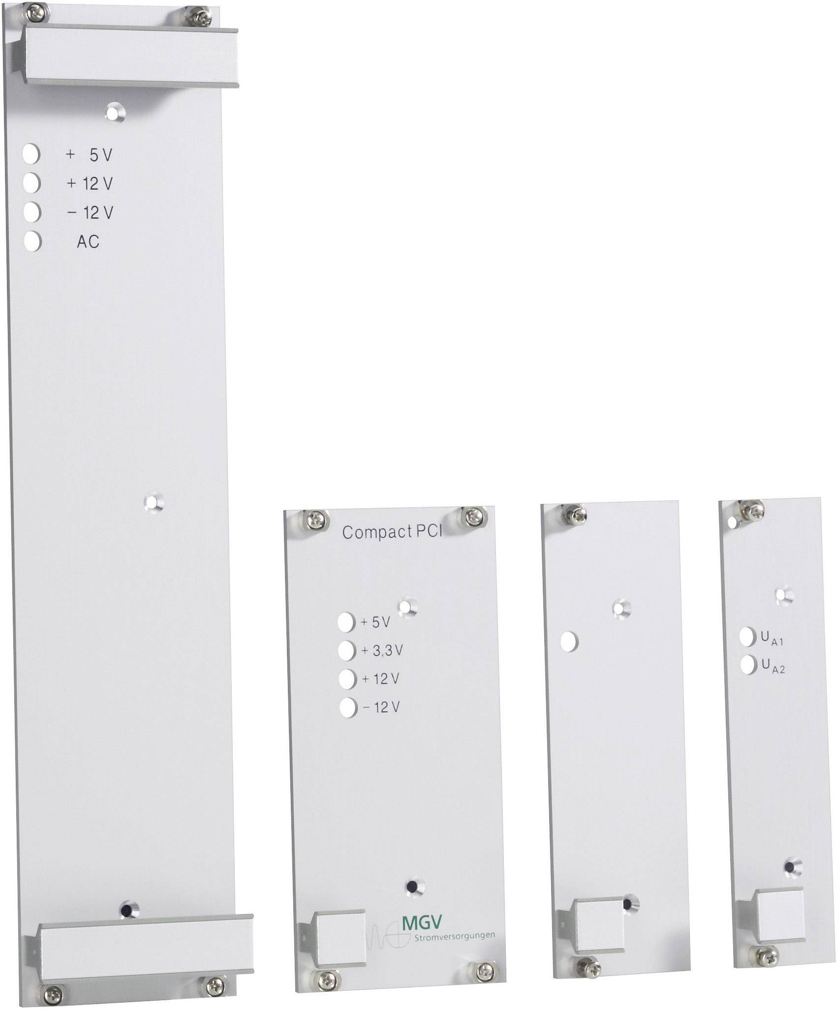 Tri elektronické čelné dosky v rôznych veľkostiach zobrazujú LED indikátory pre napätia: 5V, +12V, -12V, AC.