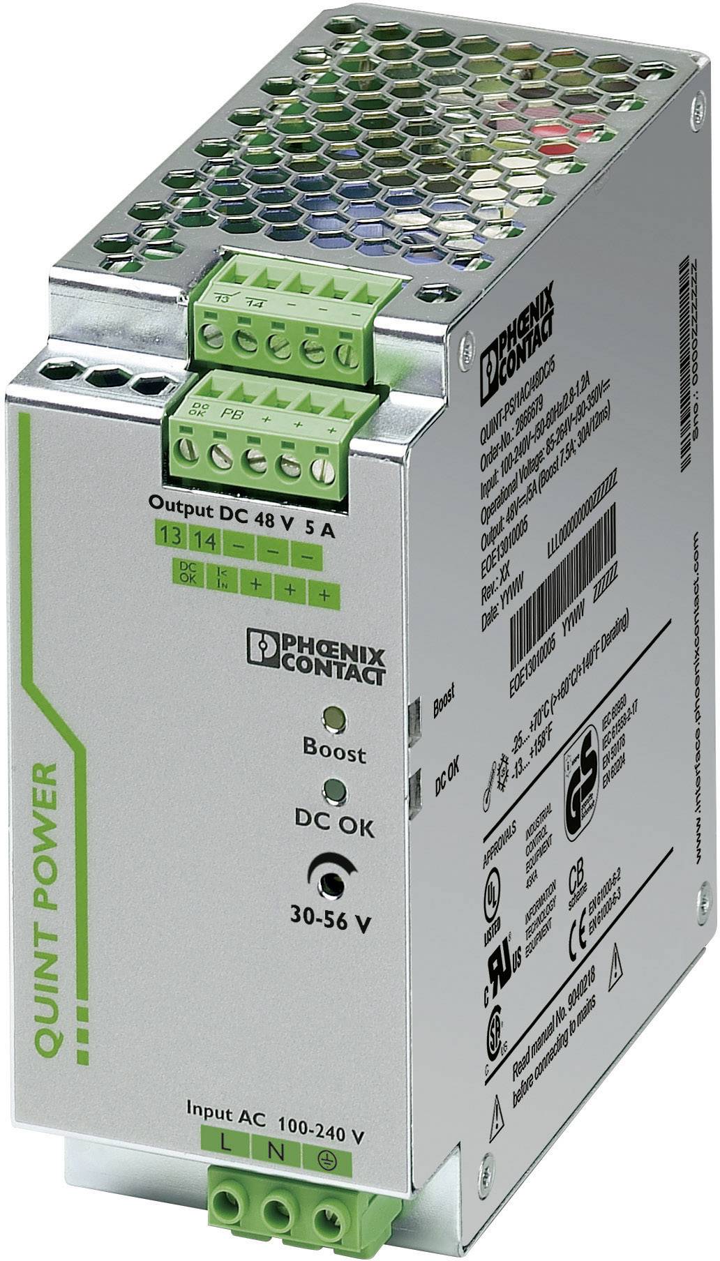 Napájací zdroj od Phoenix Contact, typ QUINT POWER, výstup DC 48V, 5A, vstup AC 100-240V, so zelenými pripojovaciemi svorkami.
