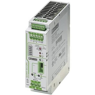 Priemyselný záložný zdroj (UPS) od Phoenix Contact, model QUINT DC UPS. Zariadenie zobrazuje stav batérie a dát, používa 24V DC vstup.