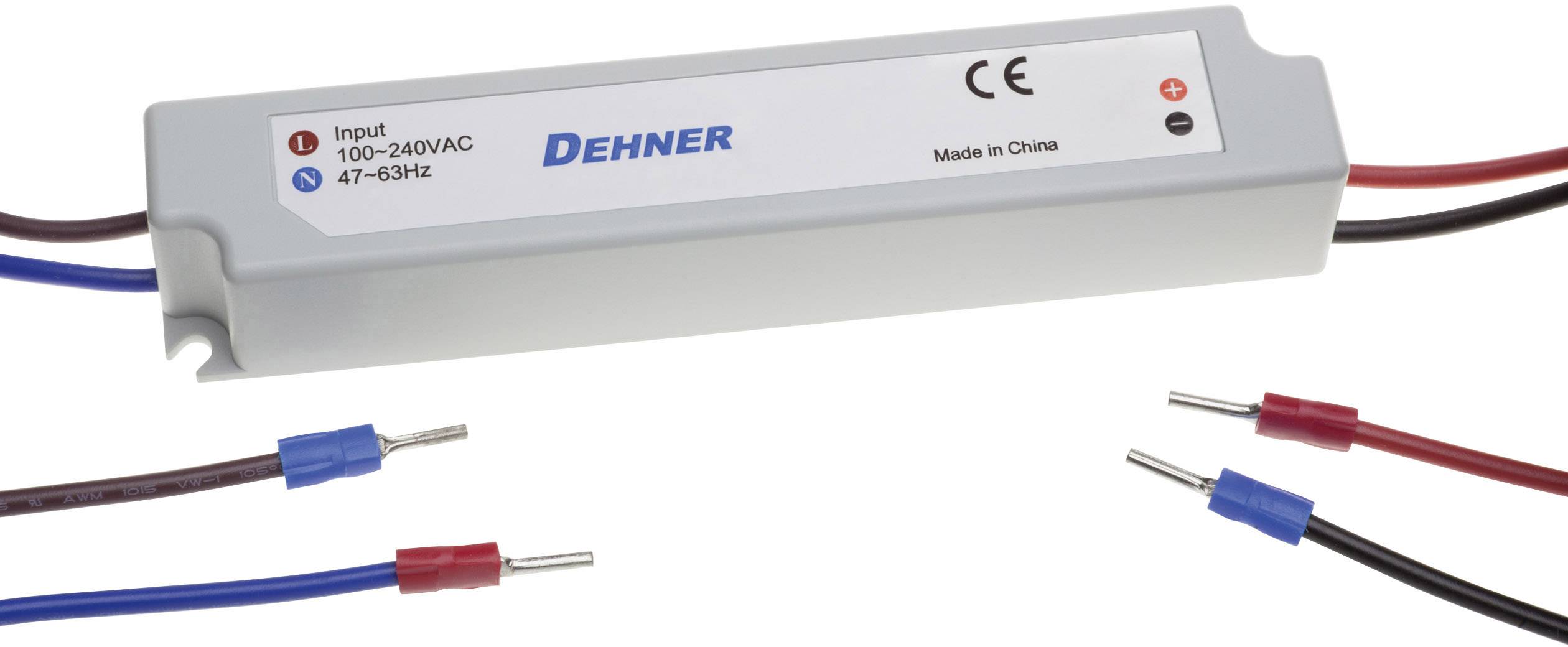 Obdĺžnikové elektronické zariadenie s nápisom 'DEHNER'. Vstupy: 100-240V AC, 47-63Hz. Vyrobené v Číne.
