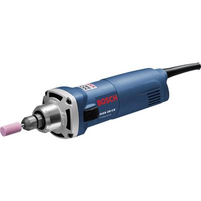 Modrá elektrická priama brúska Bosch, model 'GGS 28 CE', s čiernym káblom a ružovou brúsnou hlavou. Vhodná pre presné práce.