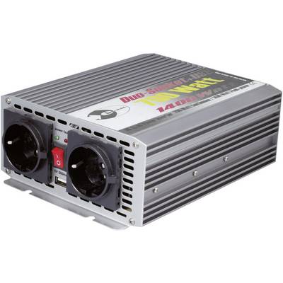 Menič s dvoma zásuvkami, červeným vypínačom a displejom napätia. Text "Duo Sine 12/1400 1400 Watt" na hornej strane.