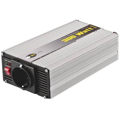 Strieborný menič napätia s prepínačom, zelenou a červenou LED indikáciou a nápisom '300 W trvalý výkon'.