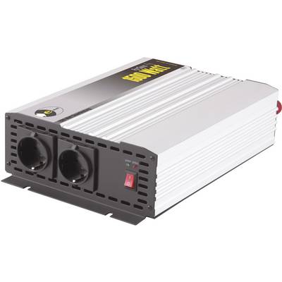 Strieborný menič napätia s dvoma zásuvkami, červeným spínačom a nápisom '1500 W'. Používa sa na premenu jednosmerného prúdu na striedavý prúd.